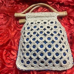 Childs Purse Mary Kate and Ashley Wooden Handles Straw Paper Crochet Red Cotton